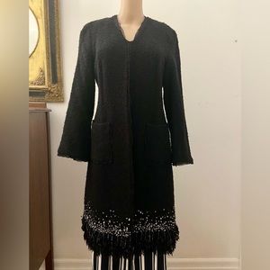 Lafayette 148 embellished black metallic tweed fringe dress coat